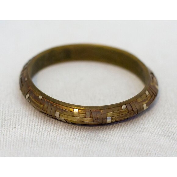8 inch, Vintage Geometric Gold Tone Copper Bangle - AX9 - Picture 1 of 3